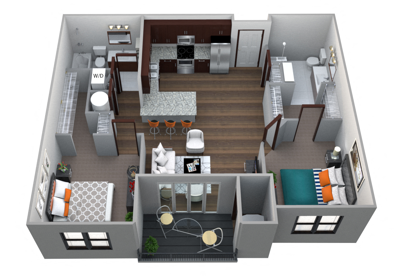 Floor plan for 2 beds, 2 baths, 1108 sqft